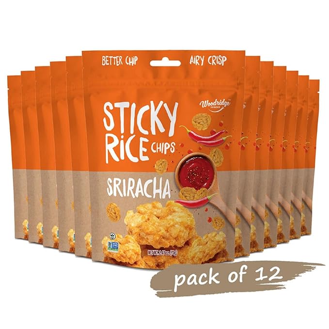Woodridge Snacks | Sticky Rice Chips | Sriracha Flavor | 12 Pack | 2.47 OZ (70g) Bags