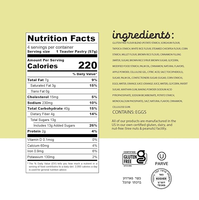 Katz Gluten Free Toaster Pastries, Cinnamon. Healthy snacks for adults and kids. Free of dairy, nuts, peanuts, and soy. Kosher 8 oz (6pk).