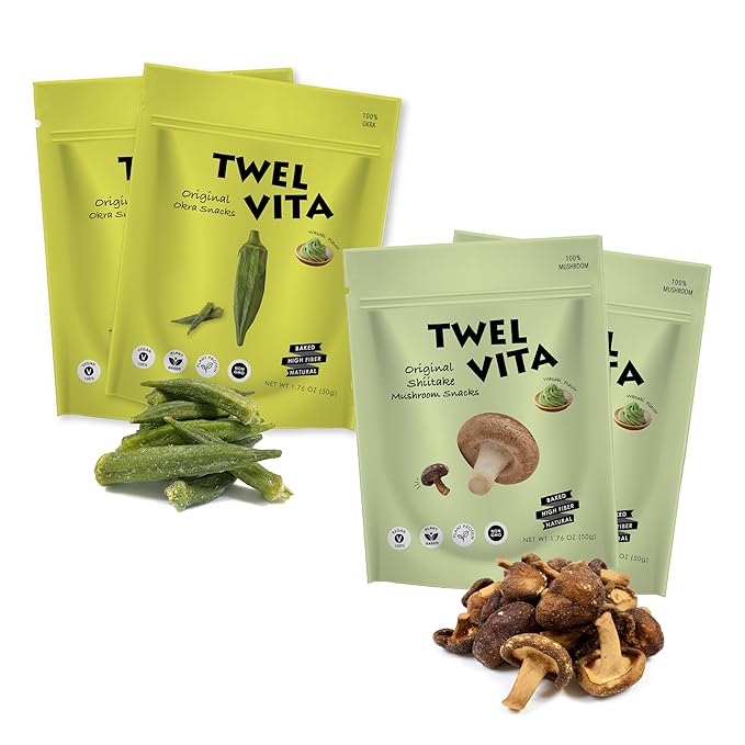TWEL VITA Natural Okra & Shiitake Mushroom Crisps, 4-Pack (1.76 oz Each) | Vegan, Clean Label, Non-GMO, Gluten-Free, Paleo & Keto Friendly Snack Variety Pack