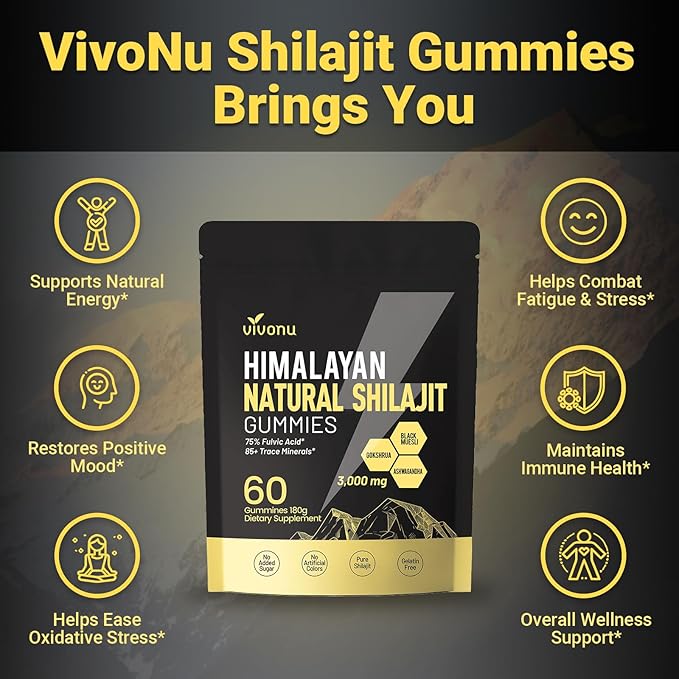 Shilajit Gummies with Ashwagandha & Gokshura | 85+ Trace Minerals & Fulvic Acid | Organic, Non-GMO Micronutrient Supplement for Men & Women | 100% Pure & Natural
