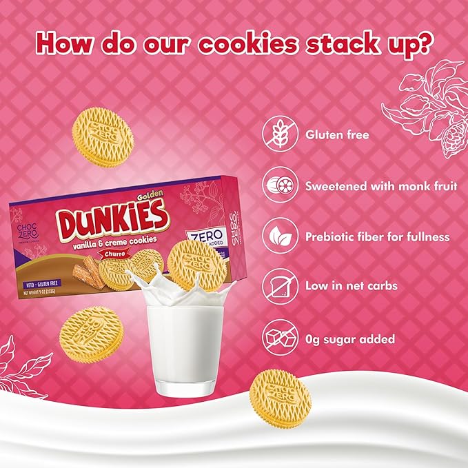 ChocZero Churro Dunkies – Sugar Free Cinnamon Vanilla Sandwich Cookies, Keto Friendly, Low Net Carb, High Fiber, Gluten Free – 9oz Box