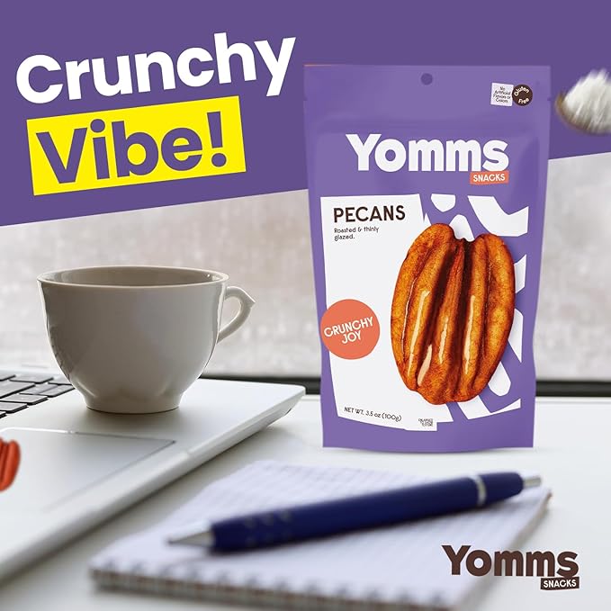 Yomms Crunchy Joy Glazed Whole Pecan Halves, 3.9 oz (3 Pack), Gluten-Free & Non-GMO Healthy Dessert Snacks – Low Sugar Classic Candied Nut Pouches – Gourmet Roasted Snacking Pecans – 1.3oz Individual Bags