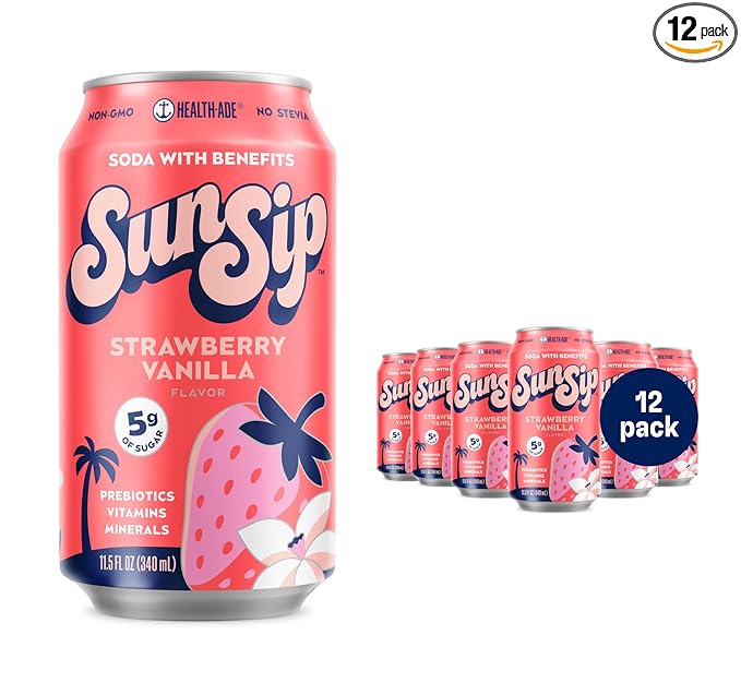 SunSip Prebiotic Soda With Benefits - Gut-Healthy Beverage with Vitamins and Minerals, 25 Calories, Soda Alternative, Naturally Sweetened with 5g of Sugar, 11.5 oz (12 Pack) Strawberry Vanilla