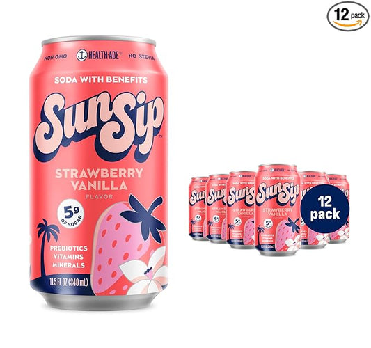 SunSip Prebiotic Soda With Benefits - Gut-Healthy Beverage with Vitamins and Minerals, 25 Calories, Soda Alternative, Naturally Sweetened with 5g of Sugar, 11.5 oz (12 Pack) Strawberry Vanilla
