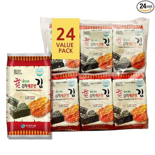 Korean Crispy Seaweed Snacks, Kimchi Spicy Flavor – 24 Pack, Crunchy Snack, Individual Sheets Roasted Nori, Vegan, Gluten-Free, 100% Natural Laver