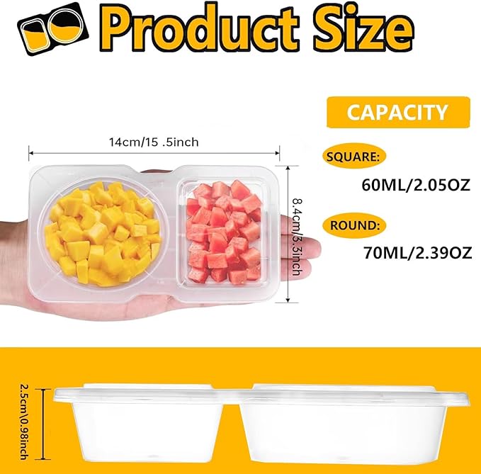 20pcs Reusable Snack Containers with Lids,2025 New 2 Compartment Plastic Containers for Pack Snacks,Leakproof Double Compartment Condiment Pack for Meal Prep, Portion Control,On-the-Go School Travel