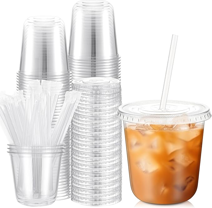 Ziliny 50 Sets Clear Plastic Cups with Lids and Straws, Disposable Iced Coffee Cups Drinking PET for Cold Drinks, Juice, Smoothie, Coffee Shops, Party, Christmas (Clear,10 oz)
