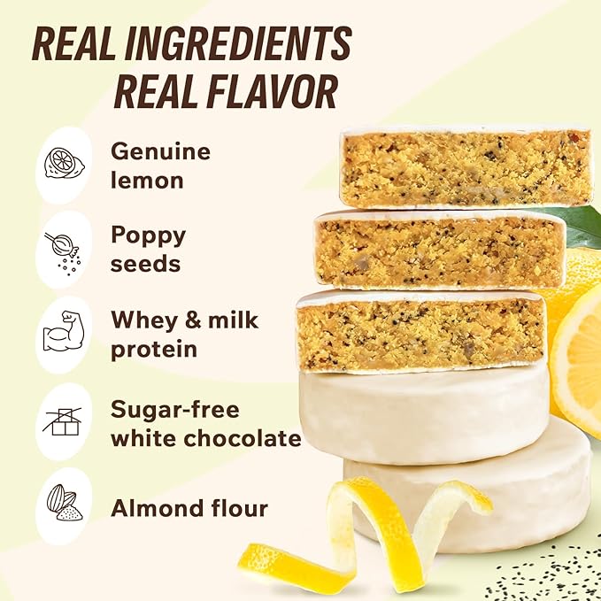 FitnesSHOCK Protein Brownie White Chocolate, No Added Sugar, 15%/7,5g Protein, 233kcal, Pre/Post Workout Snack - No Palm Oil, Filling dietary fibre, 10x50g - Poppy seeds and lemon flavour