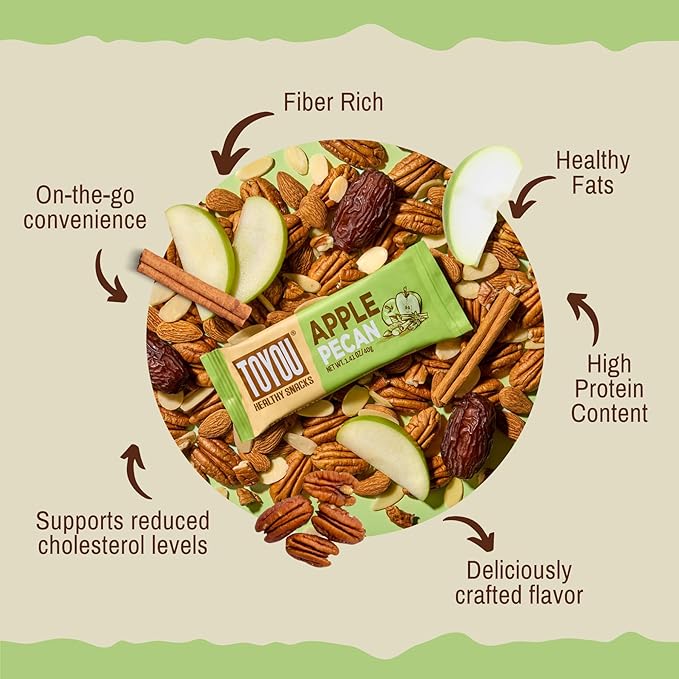 ToYou Gluten Free Chewy Fruit and Nut Bars - Healthy Protein Snacks | Apple Pecan - 1.41 Ounce (Pack of 12) | Soft Chewy, Vegan, Fiber-Packed Granola Bars for Adults and Kids, Made with Natural Ingredients