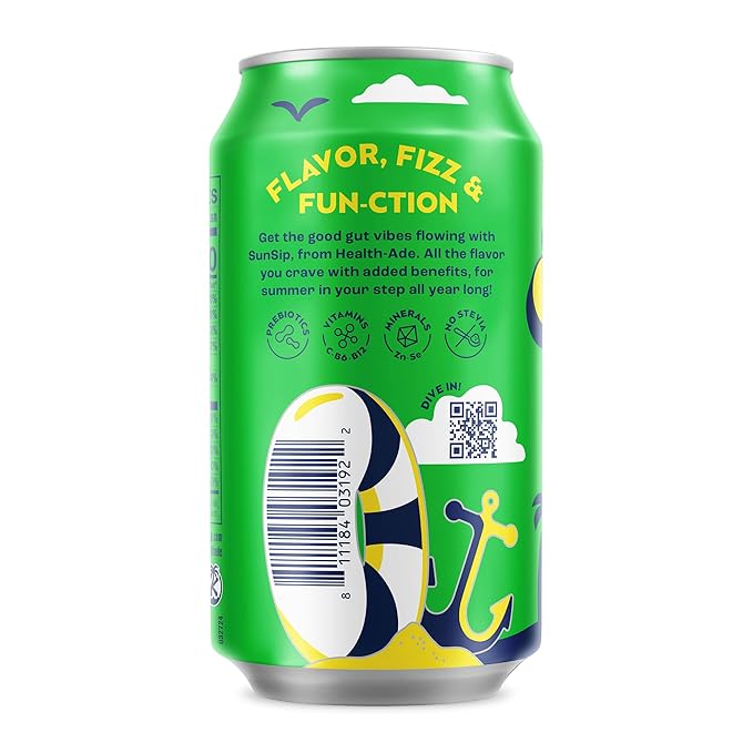 SunSip Prebiotic Soda by Health-Ade, Gut-Healthy Beverage, Soda Swap, Vitamins & Minerals, Naturally Sweetened with 5g of Sugar, Lemon Lime, 11.5 oz (12 Pack)