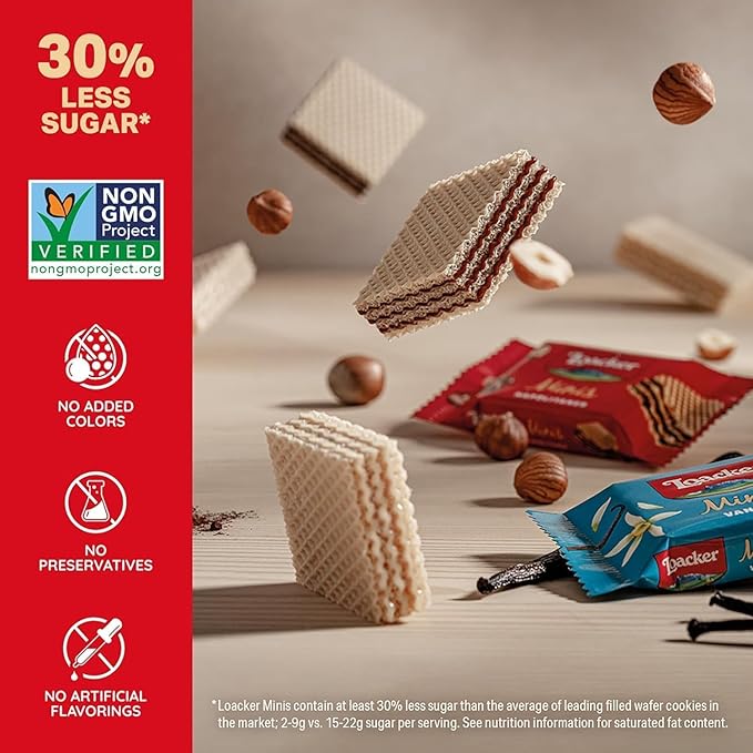 Loacker Minis Wafer Variety Pack - 30% Less Sugar - Premium Cream Filled Wafer Cookies - Mix of Hazelnut, Chocolate and Vanilla - NON-GMO - Sustainably Sourced - 40 Individually Wrapped Snack Packs