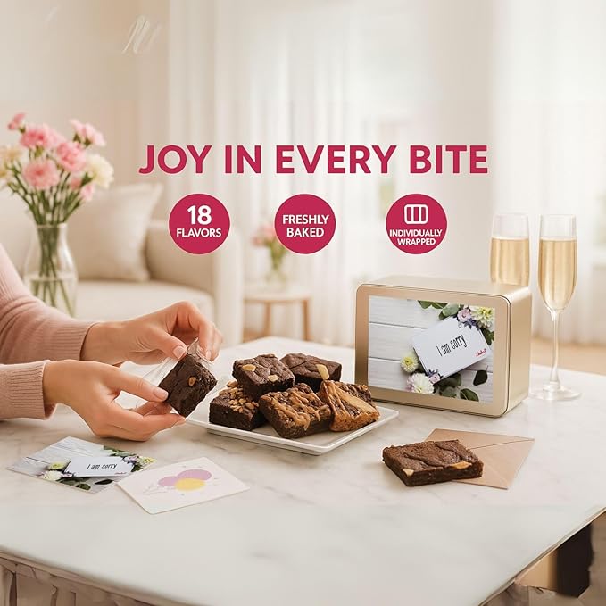 I'm Sorry Gift Basket - 18 Individually Wrapped Brownies Freshly Baked in a Variety of Flavors - Dulcet's Signature Flavored Fudge Brownies - Gift Box Comes with Apology Gift Card