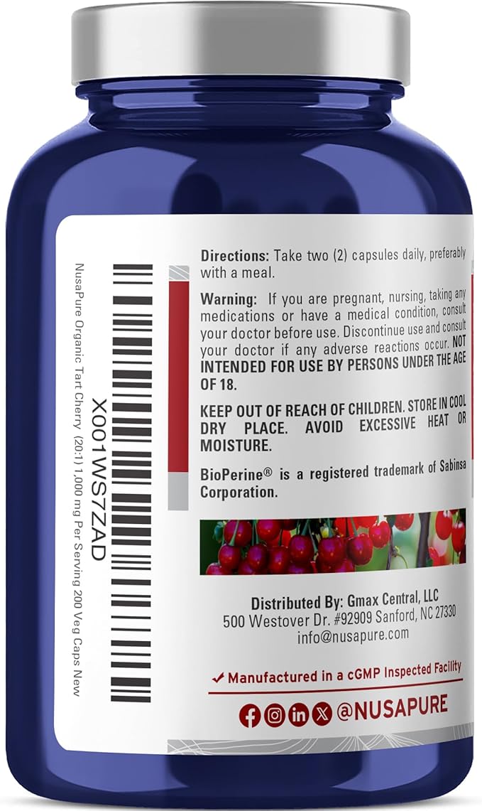 NusaPure Organic Tart Cherry 20:1 Extract, 1000 mg Equivalent to 20,000 mg 200 Veggie Caps (Vegan, Non-GMO) Bioperine