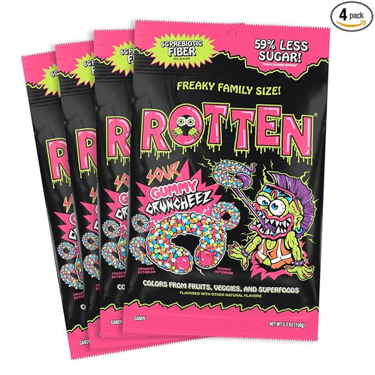 Rotten Sour Gummy Cruncheez - Low Sugar, Low Calorie, 5g Gut-Friendly Prebiotic Fiber, Gluten Free Candy, No Artificial Dyes - 5.3 oz Share Pack [4 Pack]