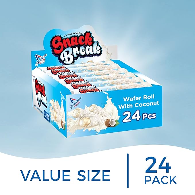 Snack Break Coconut Rolled Wafers - 24 Individually Wrapped Wafer Rolls (Pack of 3) with Creamy Coconut Filling - Snacks for Kids & Adults