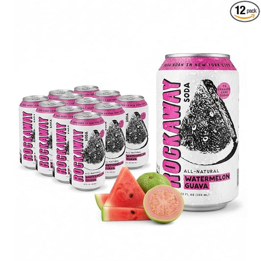 ROCKAWAY Watermelon Guava Soda Drinks - Low calorie drinks made from Real Fruit Juice, All Natural - Soda Pop Drinks Gluten Free, Vegan, GMO Free - 12oz (12 Pack)