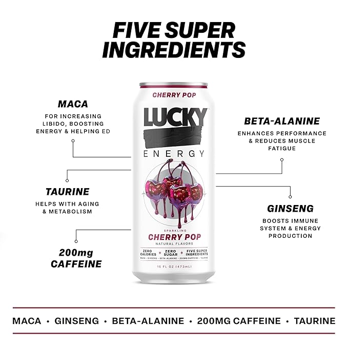 Lucky Energy Sugar Free Energy Drinks, Cherry Pop, 16oz Cans (12-Pack) Healthy, Zero Sugar Energy Drink with Maca, Ginseng, Beta-Alanine, Taurine & 200mg Caffeine