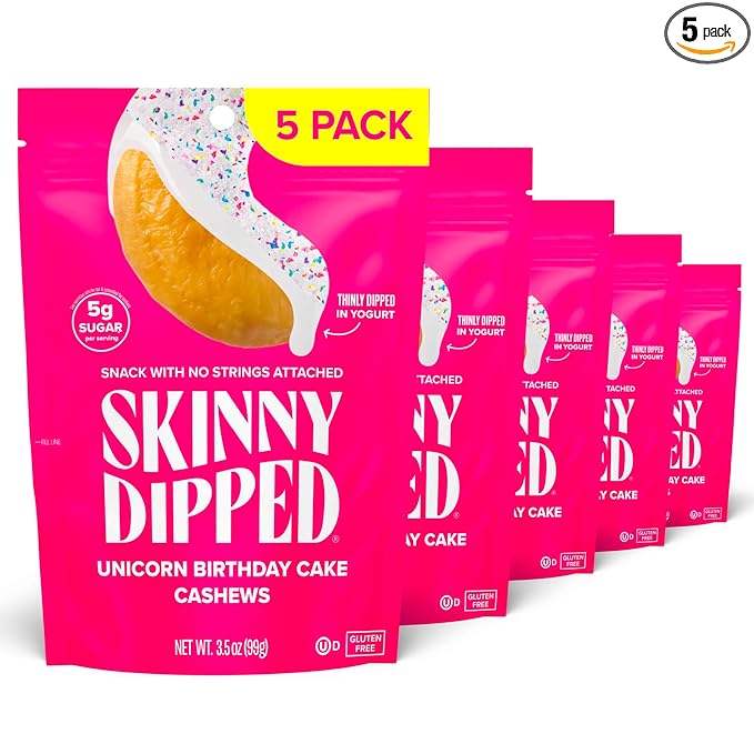 SkinnyDipped Birthday Cake Cashews, Healthy Snack, Plant Protein, Gluten Free, 3.5 oz Resealable Bags, Pack of 5