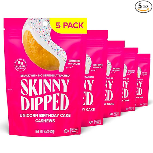 SkinnyDipped Birthday Cake Cashews, Healthy Snack, Plant Protein, Gluten Free, 3.5 oz Resealable Bags, Pack of 5