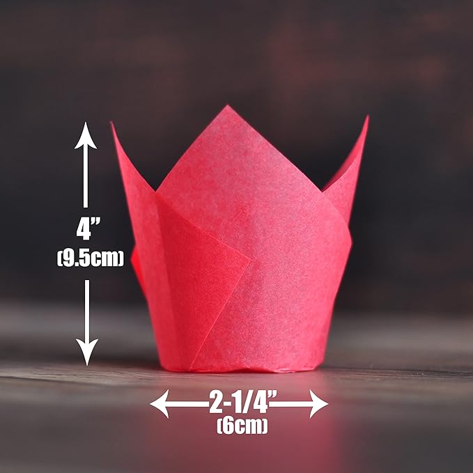 MyBakning Red colour Large size Tulip Baking Cups 2-1/4"(Base diameter) x 4"(Wall height) Greaseproof paper baking cupcake Muffin liners, Case of 130 pcs