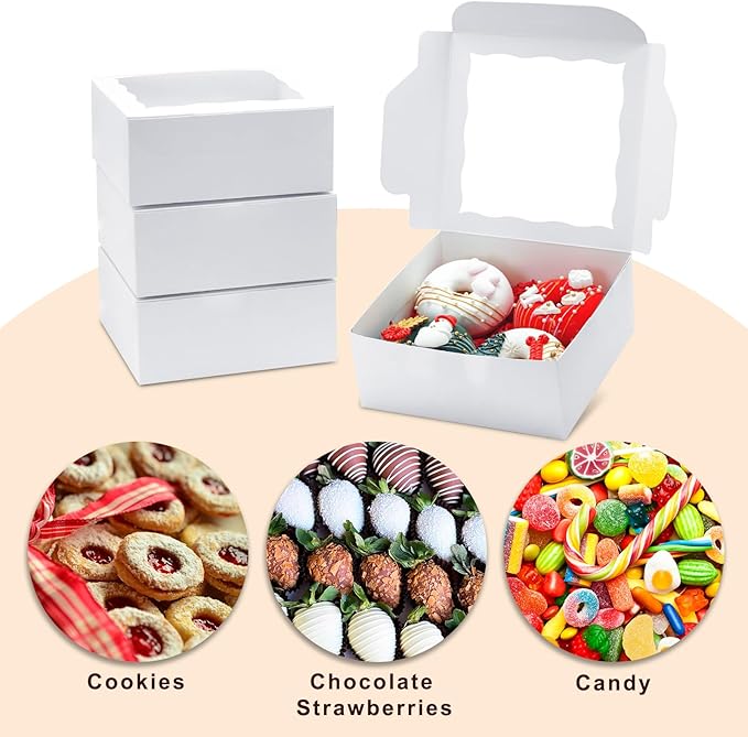 JOHOPACK 20pcs Cookie Boxes 6x6x2.5 Inch Bakery Boxes with window Chocolate Covered Strawberries Box Treat Box for Mini Cake Macaroon Dessert Pastry Muffins