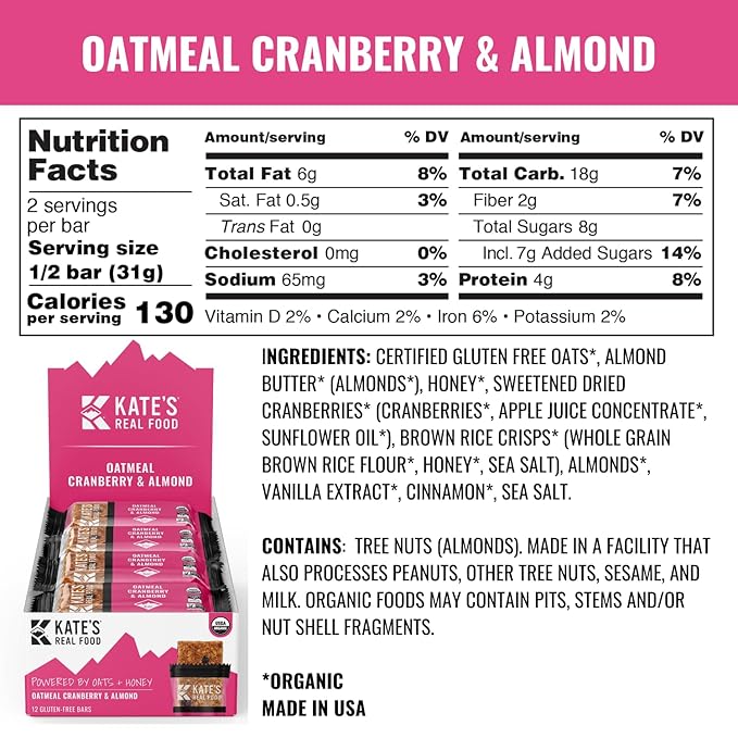 Kate’s Real Food Organic Energy Bars, Non-GMO, All-Natural Ingredients, Gluten-Free and Soy-Free Healthy Snack with Natural Flavors, Oatmeal Cranberry & Almond (Pack of 6)