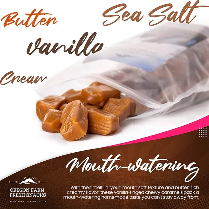 Oregon Farm Fresh Snacks Salted Caramel Gourmet Candy - Individually Wrapped Candy - Vanilla & Sea Salt Caramels - Soft & Chewy Oregon Products (16oz.)