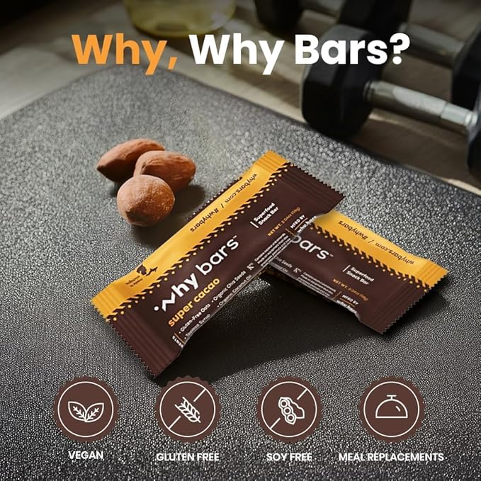 Why Bars, Superfood Protein Bars, 2.04 Ounce Bars - Protein Bar Superfood, Gluten Free, Non GMO, Organic, Vegan, Simple Ingredients (Cacao)