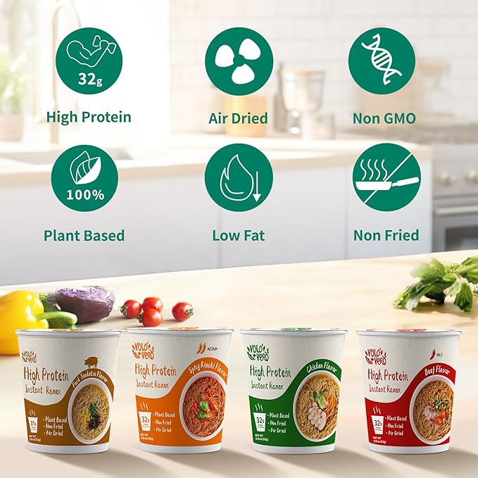 VOLO VERO High Protein (32g) Ramen Instant Noodles Cup, 8 Count, Variety Pack - Chicken, Pork Tonkotsu, Spicy Beef, Kimchi - Plant-Based, Vegan, Non-Fried, Low Fat, Non-GMO, Healthy Quick Meal
