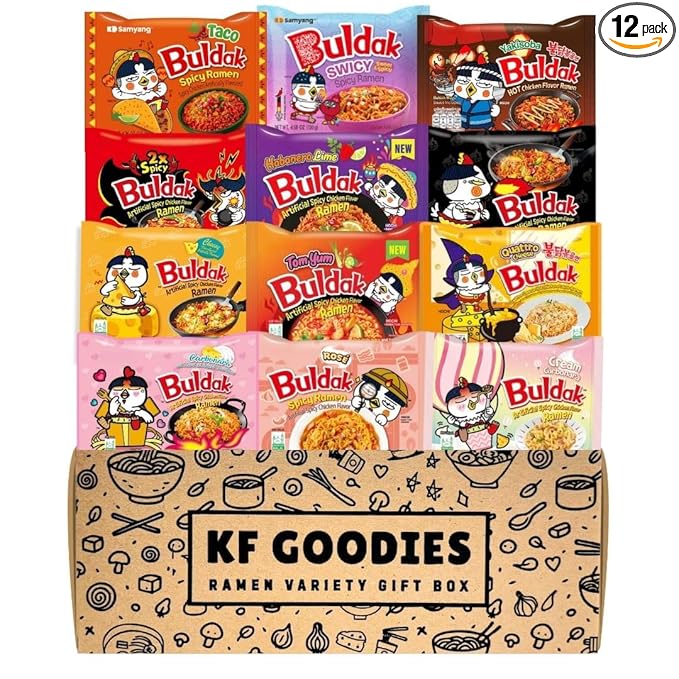 KF GOODIES Korean Ramen Variety Pack Gift Box (12 Count) - Spicy Buldak Noodle Assortment for Birthdays, College Care Packages, Office Snacks and Gifts