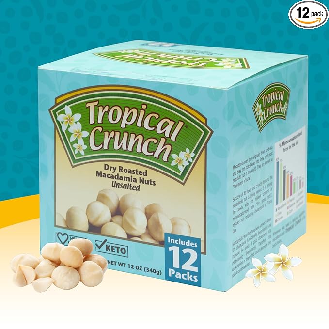 Tropical Crunch Unsalted Macadamia – 12-Pack 1oz Oven-Baked Natural Snack, Vegan, Gluten-Free, Keto-Friendly