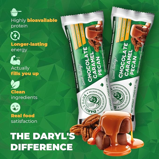Daryl's Bars, Chocolate Caramel Pecan On the Go Whey Protein Bars, Gluten Free, Low Sugar, 22gr of Protein Snack, Meal Replacement, Pack of 1