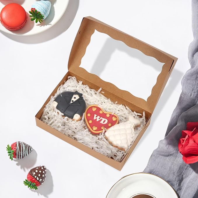 RomanticBaking 15 Pack Brown 7 x 4 3/8 x 1 1/2inches Cookies Boxes with Window Bakery Treat Boxes for Macaron Chocolate Truffle cakesicle dount