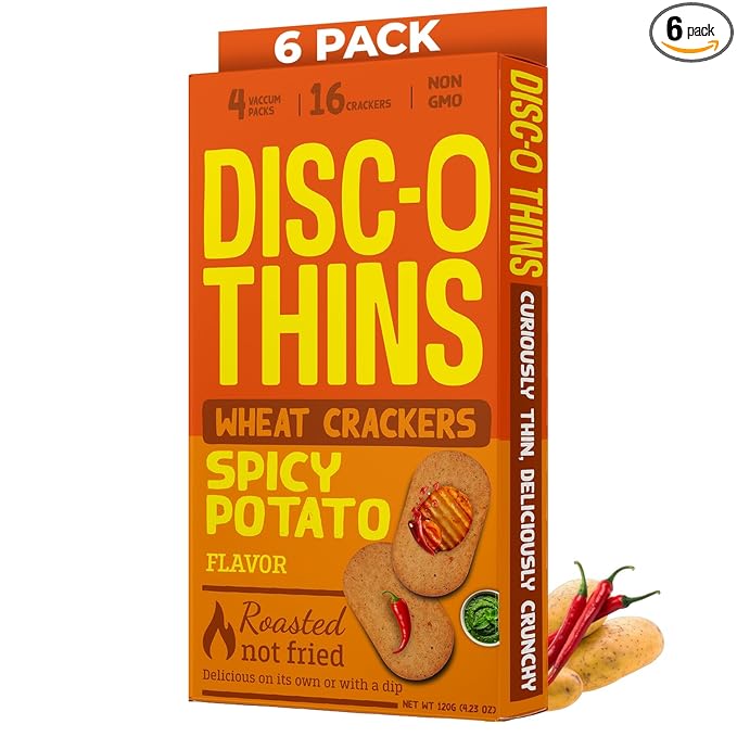 Disc-O Thins Whole Wheat Crackers - Crunchy Roasted Snack, High-Fiber & Low-Fat On-the-go Snack Chips, 96pcs (Spicy Potato) - Vegan-Friendly, Healthy Travel Snack, Non-GMO - Great w/ Spicy Dips, Salsa, or Beer