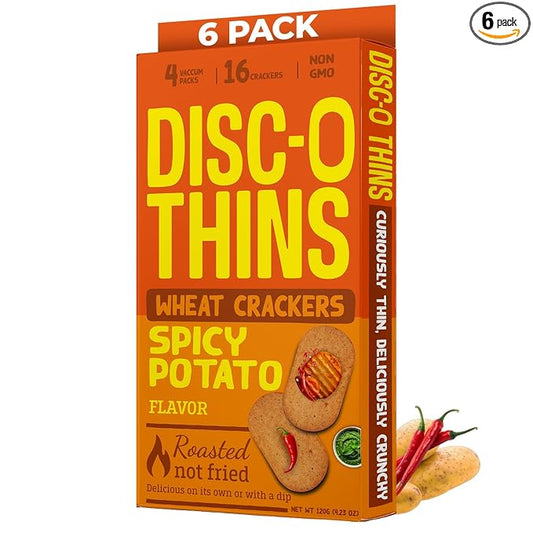 Disc-O Thins Whole Wheat Crackers - Crunchy Roasted Snack, High-Fiber & Low-Fat On-the-go Snack Chips, 96pcs (Spicy Potato) - Vegan-Friendly, Healthy Travel Snack, Non-GMO - Great w/ Spicy Dips, Salsa, or Beer