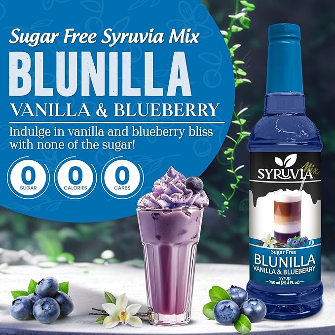 Syruvia Sugar Free Coffee Syrup, BLUNILLA Syrup, Vanilla Blueberry Flavored Syrup for Drinks, Lattes, and Desserts – 25.4 fl oz