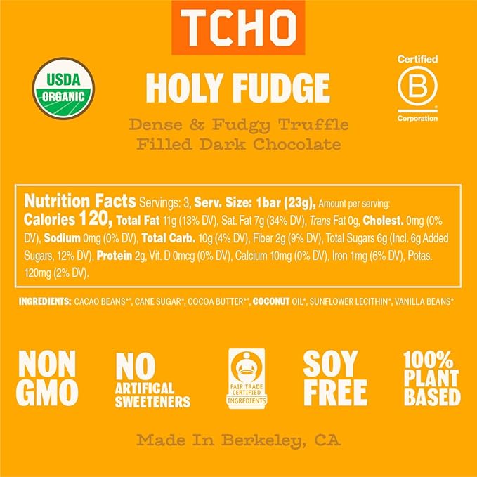 TCHO Holy Fudge 75% Dark Chocolate Bars (5 pack) | Single Origin Ghana, Dairy Free, Organic & Fair Trade | Non-GMO, Vegan, Soy Free, Gluten Free (2.5oz each)