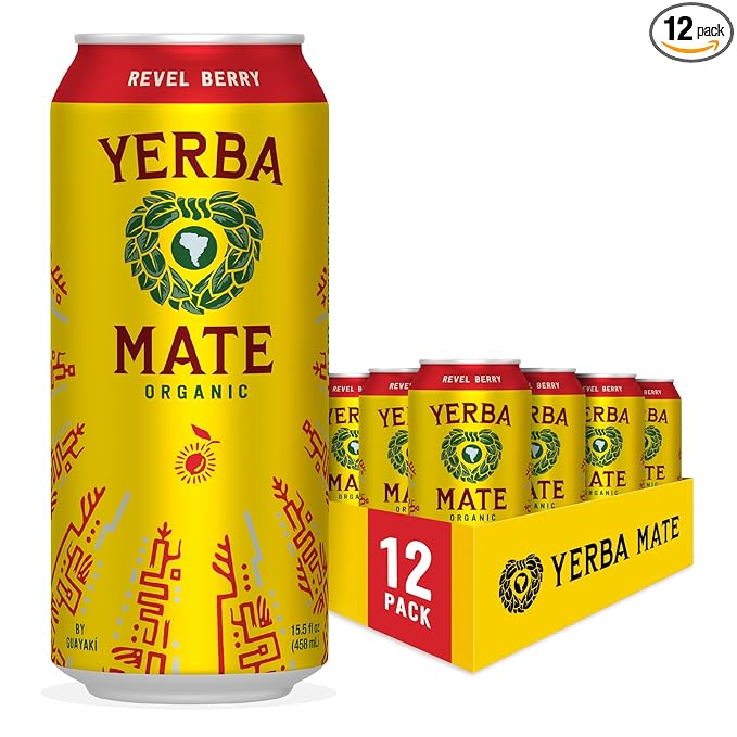 Yerba Madre Organic Yerba Mate, Energy Drink Alternative, Revel Berry, 150mg Natural Plant Based Caffeine, Better for You Energy & Focus, No Jitters or Crash, 15.5 Oz (Pack of 12) (Packaging May Vary)