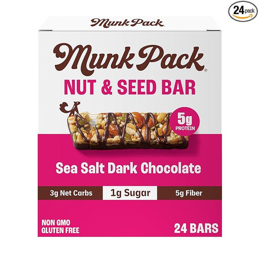 Munk Pack Sea Salt Dark Chocolate Nut & Seed Snack Bars | 5g Protein, 1g Sugar, 3g Net Carbs | Plant-Based, Low Sugar, Non-GMO, Gluten-Free, Snacks | 24 Count (4.92 oz)