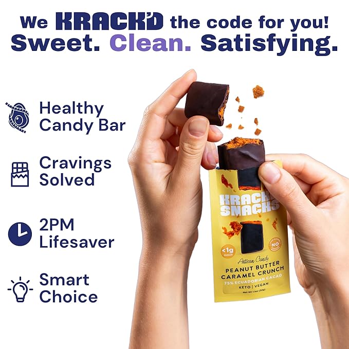 Krack’d Snacks Keto Chocolate Snack Bars 10 Pk | Handmade Low Carb, Sugar Free Dark Chocolates with Peanut Butter, Caramel Crunch, Allulose | Vegan, Non-GMO, Gluten Free Chocolate Candy Bar