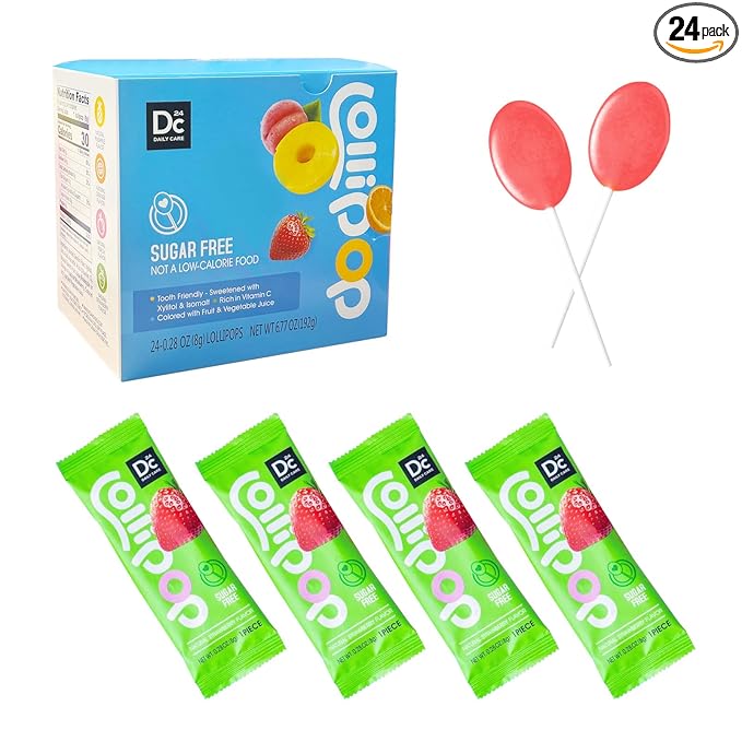 DC24 DAILY CARE Sugar Free Lollipops with Vitamin C, Healthy Suckers with Xylitol, Fruit Flavored Hard Candy for Kids, Non-GMO, Gluten Free, Strawberry, 24 Count