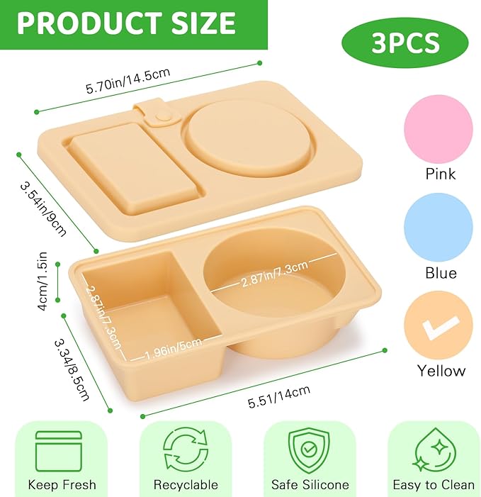 3 PCS Reusable Silicone Snack Containers with Lids Double Compartment Snack Box Container for Food Traval Teens Adults (Pink&Yellow&Blue, 3P)