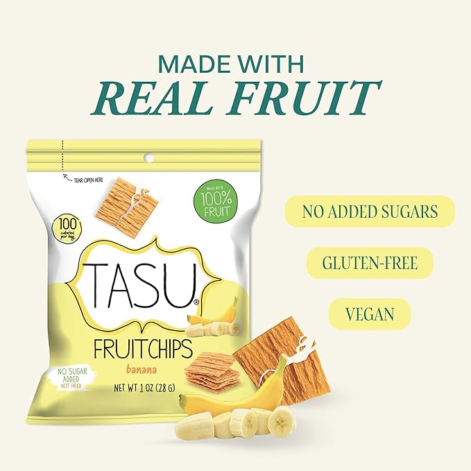 TASU Banana Dried Fruit Chips - 100% Natural, Crispy, Crunchy and Allergen-Free Healthy Snacks for Kids & Adults, Vegan, Gluten-Free, No Added Sugar, No Oils Added, Perfect for Lunch Bags and On-the-Go Snacks | 30 Pack (1 Oz Each)
