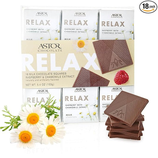 Astor Chocolate Relax Milk Chocolate Chamomile Raspberry Squares Gift Set | Chocolate Lovers Mini Bar Box l 18pc Individually Wrapped Relaxing Belgian Bite Size Chocolate Basket | 0.33oz Each Minibar Gourmet Snack | Kosher Food Candy Holiday Bars