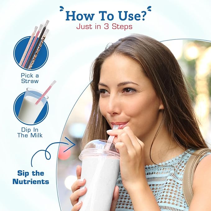 40 Pcs Milky Sip Flavored Straws For Milk - 4 Assorted Flavors: Chocolate, Strawberry, Cookies & Cream, Cotton Candy 10 Each Flavor - 8 Packs of 5 Ea. Milk Flavoring Straws for Kids, Teenagers, Adults