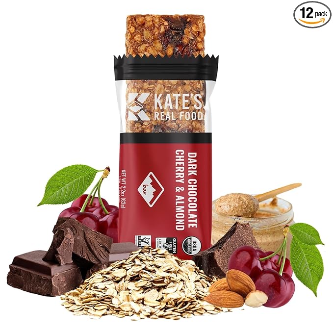 Kate’s Real Food Organic Granola Bars - Dark Chocolate Cherry & Almond (2.2 oz, Pack of 12) - Organic Energy Bars Made with Gluten Free Oats - Non GMO, Soy Free, Whole Grains, and All Natural - Healthy Snacks