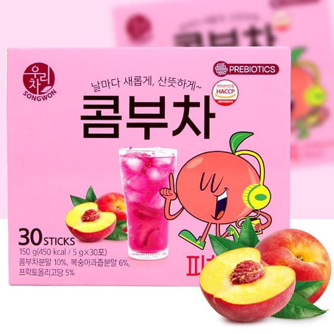 SONGWON Peach Kombucha Powder Sticks - Low Calorie, Naturally Sweetened, Refreshing & Effervescent Drink Mix - Ideal for Fitness, Outdoor Activities & Iced Tea - 30 Sticks (1.76 oz / 50g)