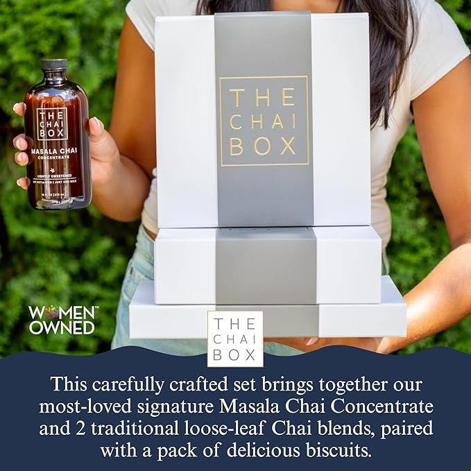 The Chai Box Loose Leaf Tea + Chocolate Bourbon Biscuits Gift Set | Tea Gift Box with Loose Leaf, Sweetened Chai Concentrate & Gourmet Biscuits (3 Pack) | The Perfect Pairing of Gourmet Tea and Biscuits for a Truly Memorable Gift