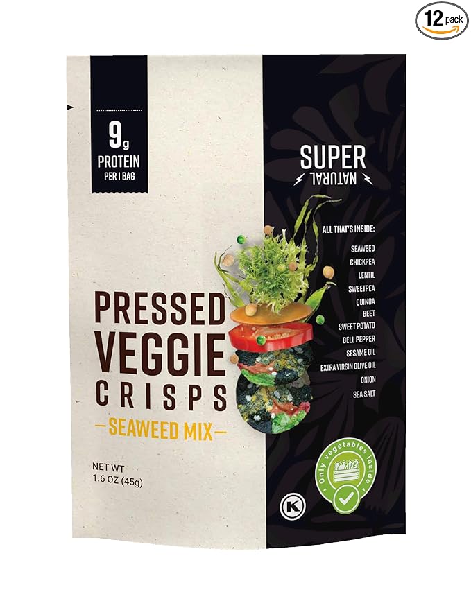 Super Natural Snack Pressed Veggie Crisps - Seaweed Mix 12/1.6 ozbags | 9g Protein | 12 vegetable ingredients | Baked not Fried | Gluten Free | Protein and Fiber | Vegan Plant Based | Non GMO | Kosher | GLP-1 Friendly