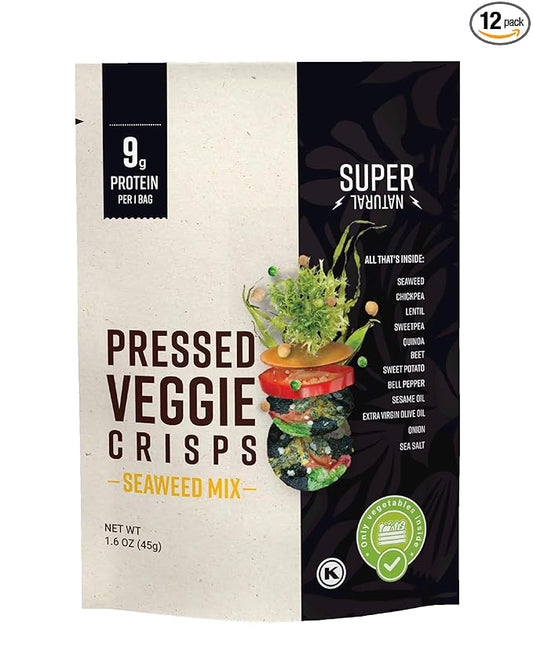 Super Natural Snack Pressed Veggie Crisps - Seaweed Mix 12/1.6 ozbags | 9g Protein | 12 vegetable ingredients | Baked not Fried | Gluten Free | Protein and Fiber | Vegan Plant Based | Non GMO | Kosher | GLP-1 Friendly